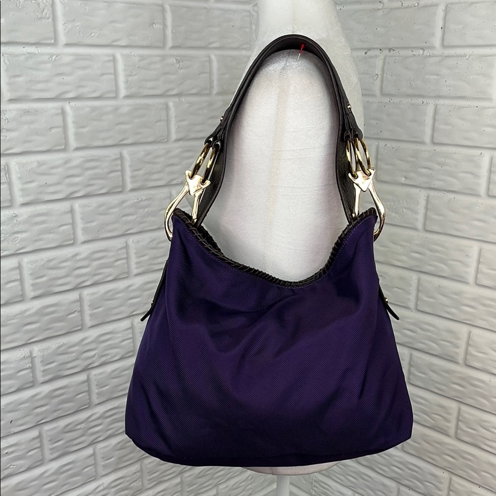 JPK PARIS 75 HOBO WOVEN LEATHER AND PURPLE NYLON WITH GOLD HARDWARE PAISLEY
